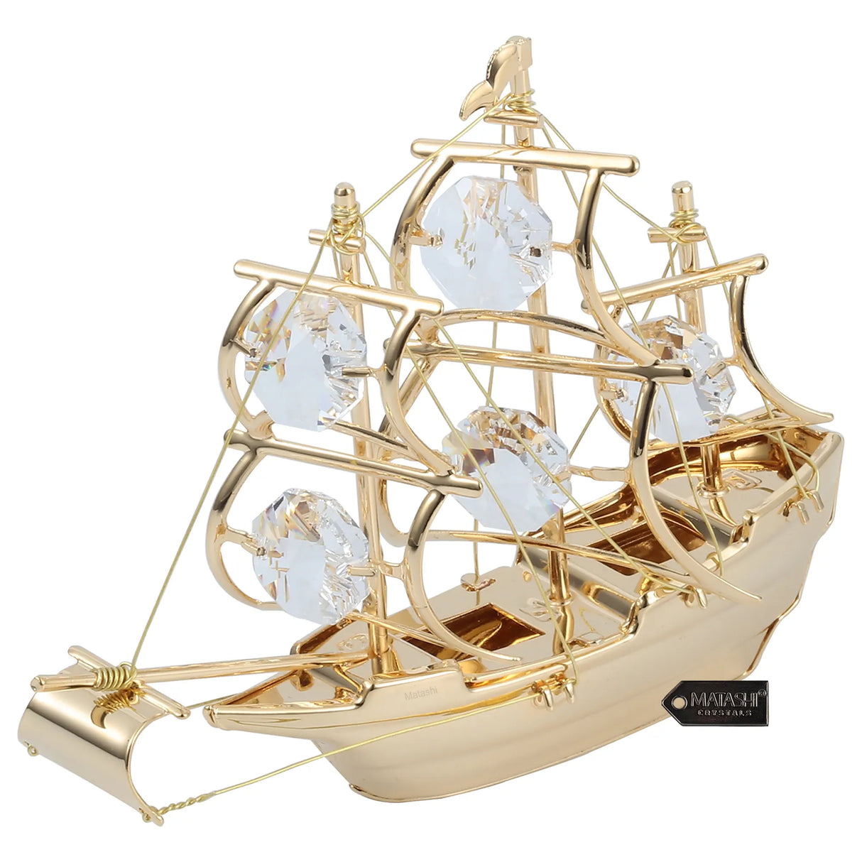 Home Decorative Tabletop Showpiece 24K Gold Plated Crystal Studded Mayflower Sailing Ship Ornament
