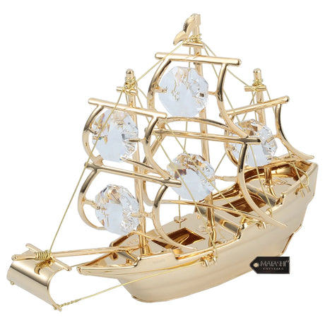 Home Decorative Tabletop Showpiece 24K Gold Plated Crystal Studded Mayflower Sailing Ship Ornament