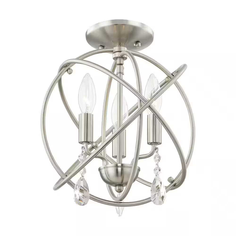 Cahill 12.625 In. 3-Light Brushed Nickel Convertible Mini Chandelier/Semi Flush with Crystals