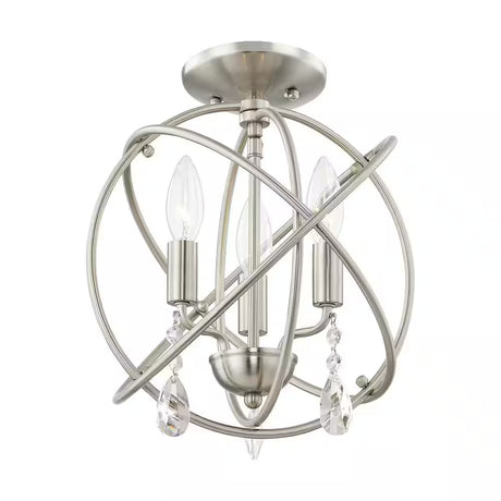Cahill 12.625 In. 3-Light Brushed Nickel Convertible Mini Chandelier/Semi Flush with Crystals