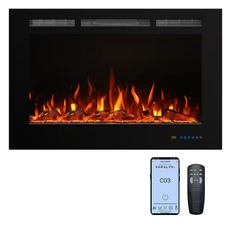 36 In. Electric Fireplace Insert with Remote and Log Crystal, Black