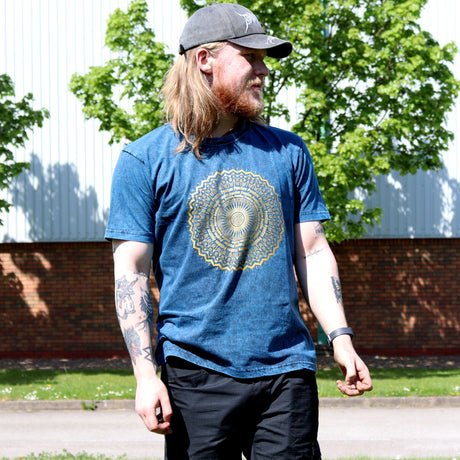 Stone-Washed T-Shirt – Mandala Print, Blue – Large