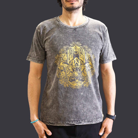 Stone Washed T-Shirt - Hamsa Hand - Dark Grey (Medium)