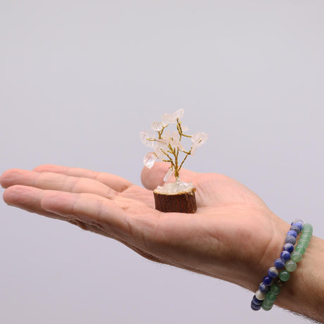 Mini Rock Quartz Crystal Tree on Wood Base – 15 Stones