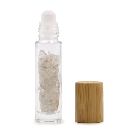 Gemstone Essential Oil Roller Bottle – Rock Quartz, Wooden Cap