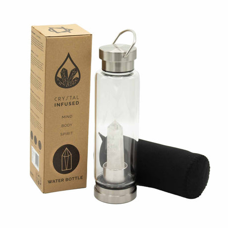 Crystal Infused Glass Water Bottle with Clear Quartz Obelisk (500ml)