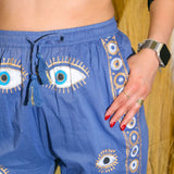 (ML) Nomad Sari On the Med Collection - Lounge Pants - Rich Blue & Gold Hand Painted Evil Eye Design