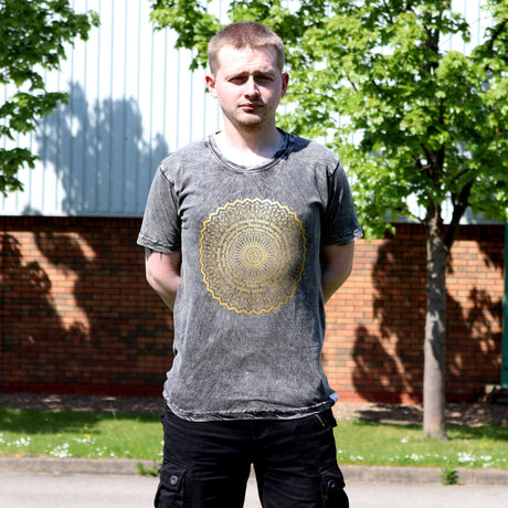 Stone Washed T-Shirt - Mandala Dark Grey Graphic | Casual Comfort Wear