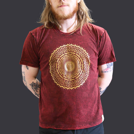 Stone-Washed T-Shirt – Mandala Print, Maroon – Large