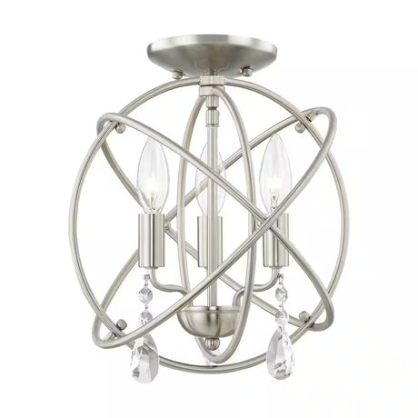 Cahill 12.625 In. 3-Light Brushed Nickel Convertible Mini Chandelier/Semi Flush with Crystals