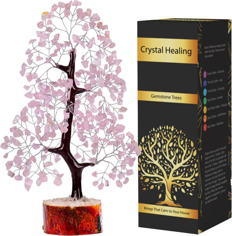 7 Chakra Money Tree Healing Feng Shui Statues & Figurines Reiki Crystal Balancing Buddha Home Décor (Rose Quartz Silver)