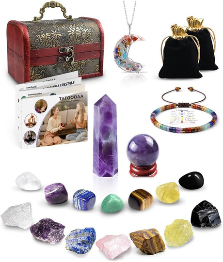 Chakra Healing Crystals Set - Crystals and Healing Stones, Chakra Bracelets, Amethyst Crystal Wand and Ball, 7 Chakra Stones Set, Energy Balance and Protection, Relief Anxiety Stress Gifts for Women