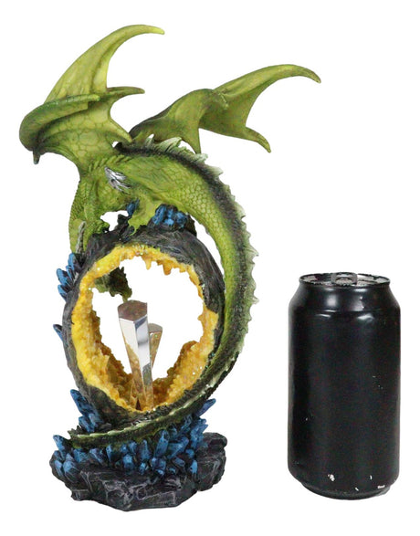 Green Dragon Guarding Faux Geode Crystal Arch Rock with Rainbow Icicle Figurine
