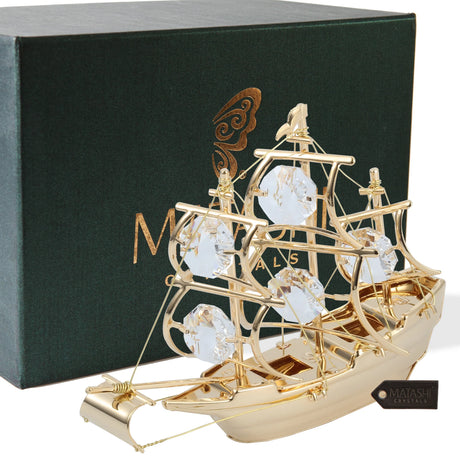 Home Decorative Tabletop Showpiece 24K Gold Plated Crystal Studded Mayflower Sailing Ship Ornament