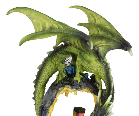 Green Dragon Guarding Faux Geode Crystal Arch Rock with Rainbow Icicle Figurine