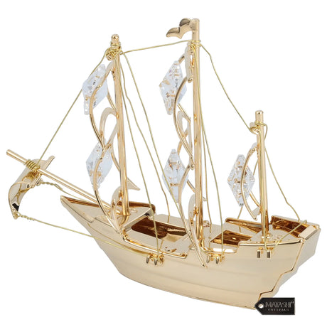 Home Decorative Tabletop Showpiece 24K Gold Plated Crystal Studded Mayflower Sailing Ship Ornament