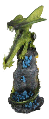 Green Dragon Guarding Faux Geode Crystal Arch Rock with Rainbow Icicle Figurine