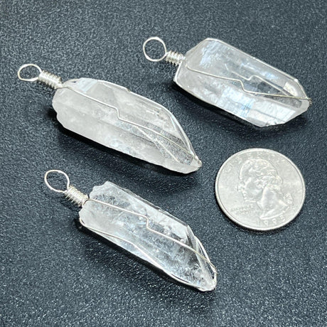 Quartz Crystal Point Wire Wrapped Pendant (Silver Plated) Natural Genuine