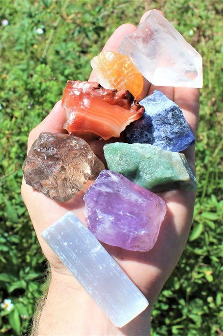 LARGE 7 Chakra Rough Stone Set - Seven Raw Stones, Selenite Stick & Directions (Chakra Gifts)