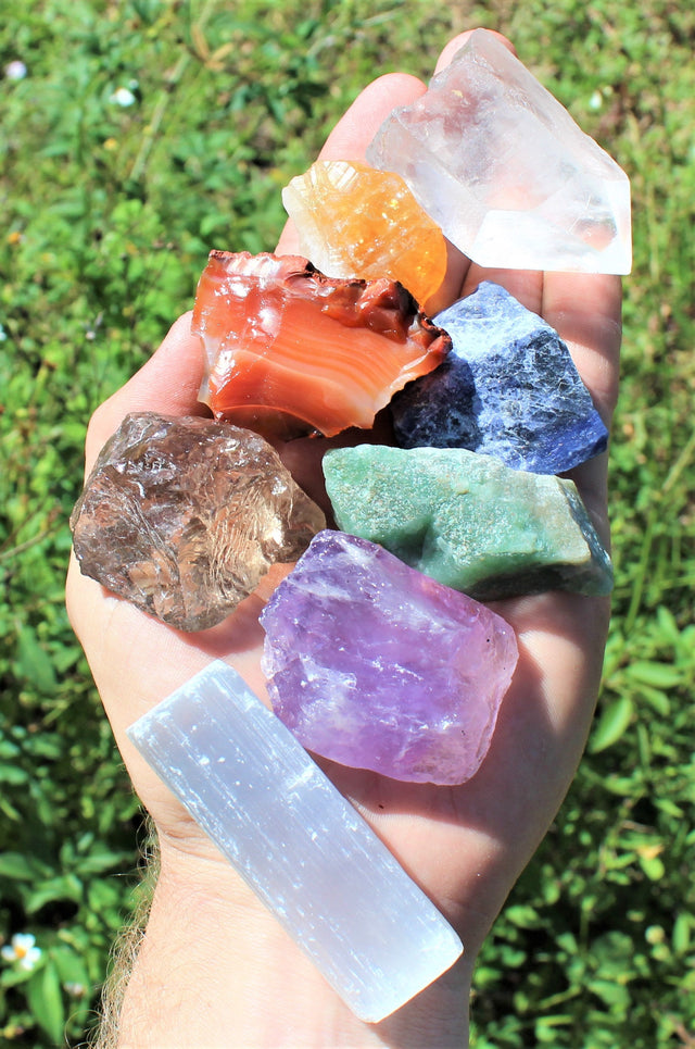 LARGE 7 Chakra Rough Stone Set - Seven Raw Stones, Selenite Stick & Directions (Chakra Gifts)