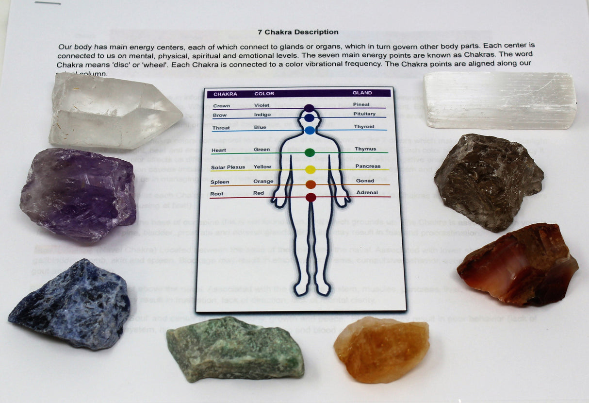 LARGE 7 Chakra Rough Stone Set - Seven Raw Stones, Selenite Stick & Directions (Chakra Gifts)