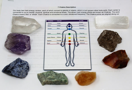 LARGE 7 Chakra Rough Stone Set - Seven Raw Stones, Selenite Stick & Directions (Chakra Gifts)