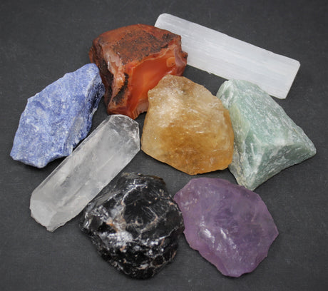 LARGE 7 Chakra Rough Stone Set - Seven Raw Stones, Selenite Stick & Directions (Chakra Gifts)