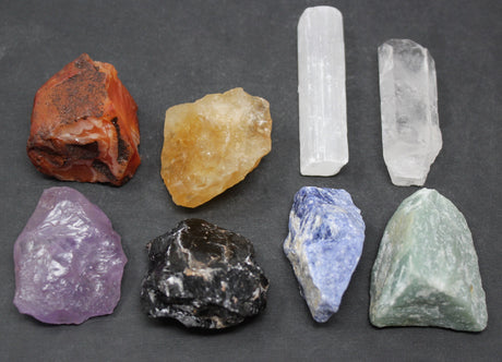 LARGE 7 Chakra Rough Stone Set - Seven Raw Stones, Selenite Stick & Directions (Chakra Gifts)