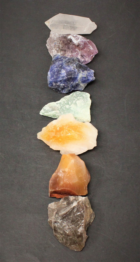 LARGE 7 Chakra Rough Stone Set - Seven Raw Stones, Selenite Stick & Directions (Chakra Gifts)