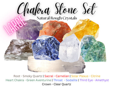 LARGE 7 Chakra Rough Stone Set - Seven Raw Stones, Selenite Stick & Directions (Chakra Gifts)