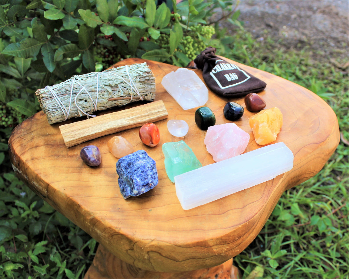 Crystal Healing & Cleansing Box, 15 Pieces - Chakra Tumbled Stones, Rough Crystals, and Cleansing Kit