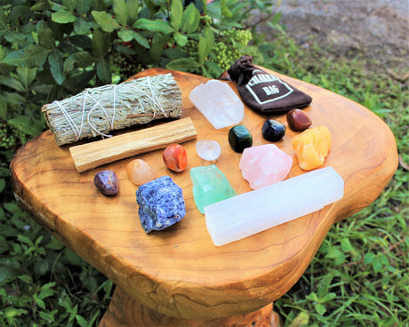 Crystal Healing & Cleansing Box, 15 Pieces - Chakra Tumbled Stones, Rough Crystals, and Cleansing Kit