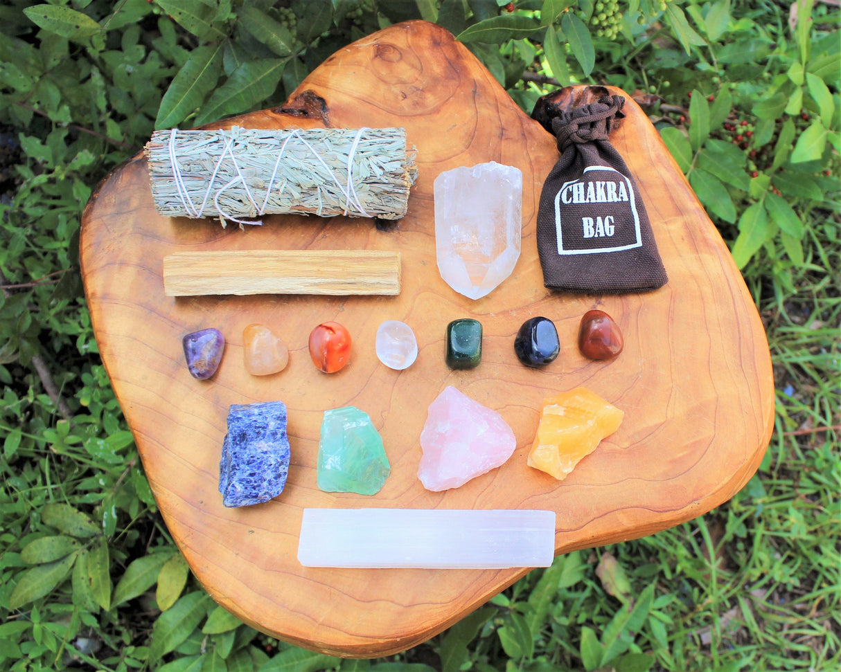 Crystal Healing & Cleansing Box, 15 Pieces - Chakra Tumbled Stones, Rough Crystals, and Cleansing Kit