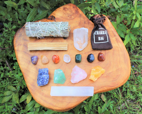 Crystal Healing & Cleansing Box, 15 Pieces - Chakra Tumbled Stones, Rough Crystals, and Cleansing Kit
