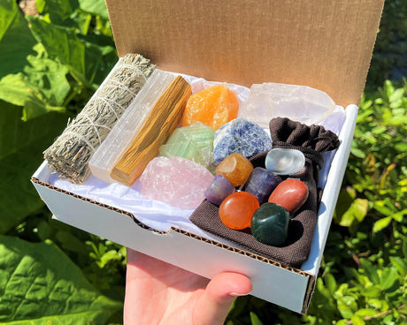 Crystal Healing & Cleansing Box, 15 Pieces - Chakra Tumbled Stones, Rough Crystals, and Cleansing Kit