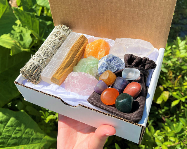 Crystal Healing & Cleansing Box, 15 Pieces - Chakra Tumbled Stones, Rough Crystals, and Cleansing Kit