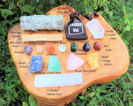 Crystal Healing & Cleansing Box, 15 Pieces - Chakra Tumbled Stones, Rough Crystals, and Cleansing Kit
