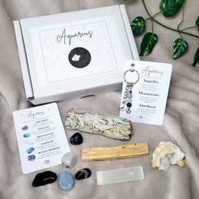 Aquarius Zodiac Crystal Gift Box, Gemstones, Smudge Kit & Keyring