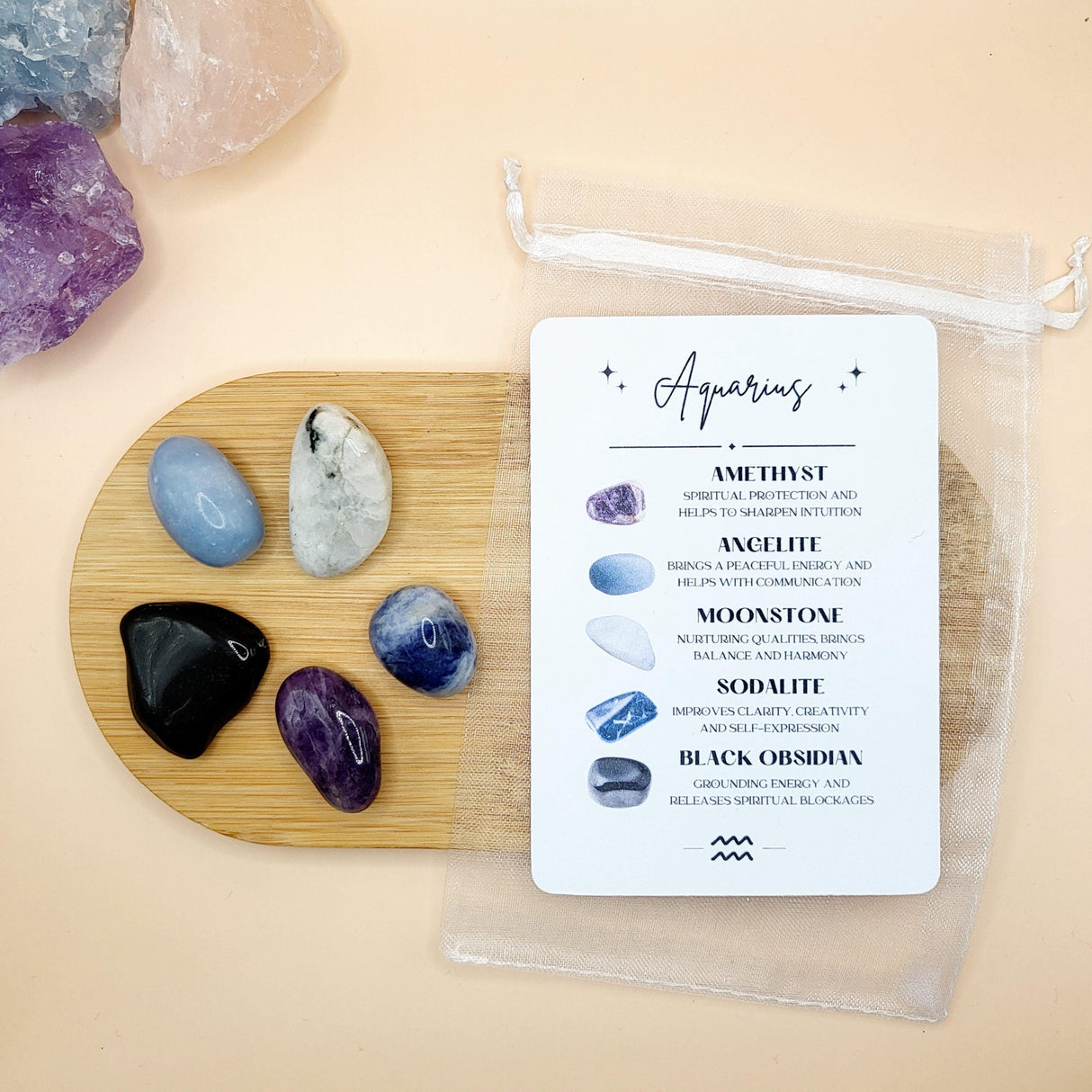 Aquarius Zodiac Crystal Gift Box, Gemstones, Smudge Kit & Keyring